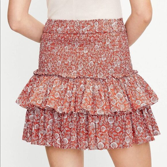 LOFT SKIRTS, Palm Smocked, Tiered Skirt Rich Chestnut Size L - Picture 2 of 7